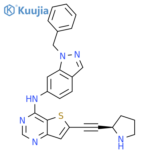 Thieno[3,2-d]pyrimidin-4-amine, N-[1-(phenylmethyl)-1H-indazol-6-yl]-6-[2-(2R)-2-pyrrolidinylethynyl]- structure