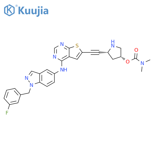 Carbamic acid, dimethyl-, (3R,5R)-5-[[4-[[1-[(3-fluorophenyl)methyl]-1H-indazol-5-yl]amino]thieno[2,3-d]pyrimidin-6-yl]ethynyl]-3-pyrrolidinyl ester (9CI) structure