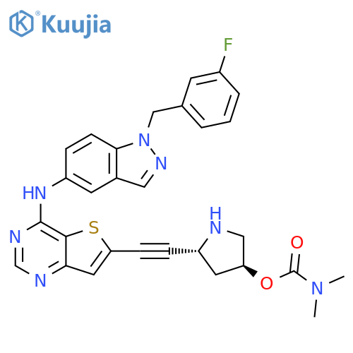 Carbamic acid, dimethyl-,(3S,5R)-5-[[4-[[1-[(3-fluorophenyl)methyl]-1H-indazol-5-yl]amino]thieno[3,2-d]pyrimidin-6-yl]ethynyl]-3-pyrrolidinyl ester structure