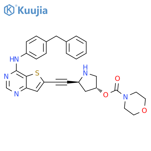 4-Morpholinecarboxylic acid, (3R,5S)-5-[2-[4-[[4-(phenylmethyl)phenyl]amino]thieno[3,2-d]pyrimidin-6-yl]ethynyl]-3-pyrrolidinyl ester structure
