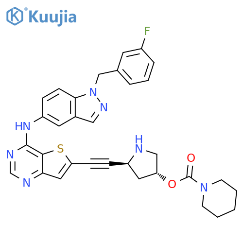 1-Piperidinecarboxylic acid,(3R,5S)-5-[[4-[[1-[(3-fluorophenyl)methyl]-1H-indazol-5-yl]amino]thieno[3,2-d]pyrimidin-6-yl]ethynyl]-3-pyrrolidinyl ester structure