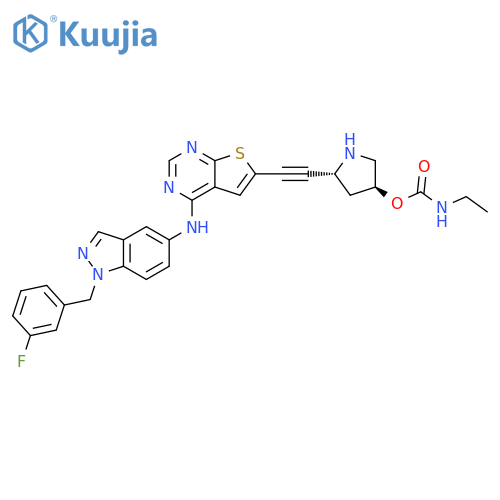 Carbamic acid, ethyl-, (3S,5R)-5-[[4-[[1-[(3-fluorophenyl)methyl]-1H-indazol-5-yl]amino]thieno[2,3-d]pyrimidin-6-yl]ethynyl]-3-pyrrolidinyl ester (9CI) structure