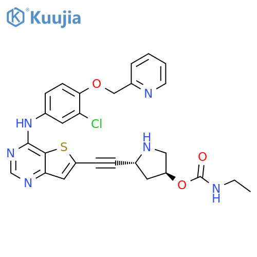 Carbamic acid, ethyl-,(3S,5R)-5-[[4-[[3-chloro-4-(2-pyridinylmethoxy)phenyl]amino]thieno[3,2-d]pyrimidin-6-yl]ethynyl]-3-pyrrolidinyl ester structure