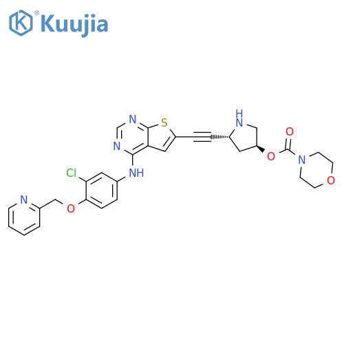 4-Morpholinecarboxylic acid, (3S,5R)-5-[2-[4-[[3-chloro-4-(2-pyridinylmethoxy)phenyl]amino]thieno[2,3-d]pyrimidin-6-yl]ethynyl]-3-pyrrolidinyl ester structure