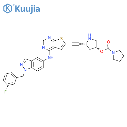 1-Pyrrolidinecarboxylic acid,(3R,5R)-5-[[4-[[1-[(3-fluorophenyl)methyl]-1H-indazol-5-yl]amino]thieno[2,3-d]pyrimidin-6-yl]ethynyl]-3-pyrrolidinyl ester structure