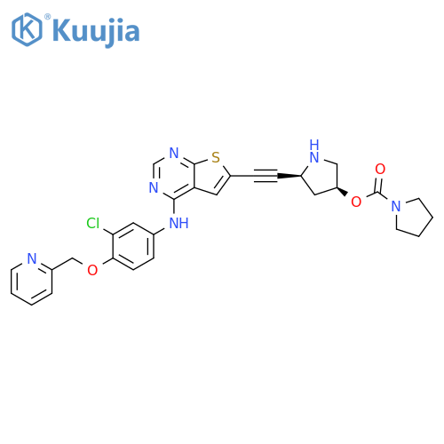1-Pyrrolidinecarboxylic acid,(3S,5S)-5-[[4-[[3-chloro-4-(2-pyridinylmethoxy)phenyl]amino]thieno[2,3-d]pyrimidin-6-yl]ethynyl]-3-pyrrolidinyl ester structure