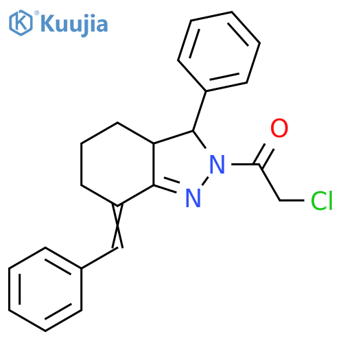 2-chloro-1-3-phenyl-7-(phenylmethylidene)-3,3a,4,5,6,7-hexahydro-2H-indazol-2-ylethan-1-one structure