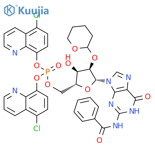 5'-Guanylic acid, N-benzoyl-2'-O-(tetrahydro-2H-pyran-2-yl)-,bis(5-chloro-8-quinolinyl) ester structure