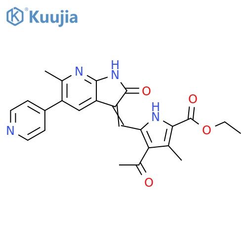 1H-Pyrrole-2-carboxylic acid, 4-acetyl-5-[[1,2-dihydro-6-methyl-2-oxo-5-(4-pyridinyl)-3H-pyrrolo[2,3-b]pyridin-3-ylidene]methyl]-3-methyl-, ethyl ester structure