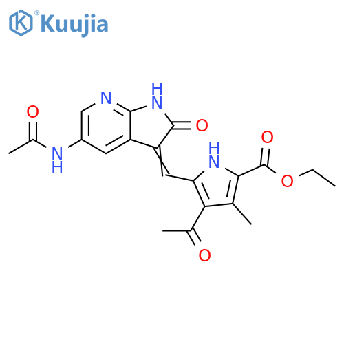 1H-Pyrrole-2-carboxylic acid,4-acetyl-5-[[5-(acetylamino)-1,2-dihydro-2-oxo-3H-pyrrolo[2,3-b]pyridin-3-ylidene]methyl]-3-methyl-, ethyl ester structure