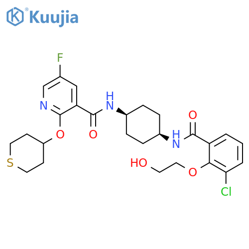 3-Pyridinecarboxamide, N-[cis-4-[[3-chloro-2-(2-hydroxyethoxy)benzoyl]amino]cyclohexyl]-5-fluoro-2-[(tetrahydro-2H-thiopyran-4-yl)oxy]- structure