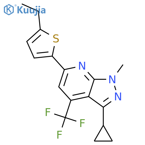 <br>3-Cyclopropyl-6-(5-ethyl-thiophen-2-yl)-1-methyl-4-trifluoromethyl-1H-pyraz olo[3,4-b]pyridine structure