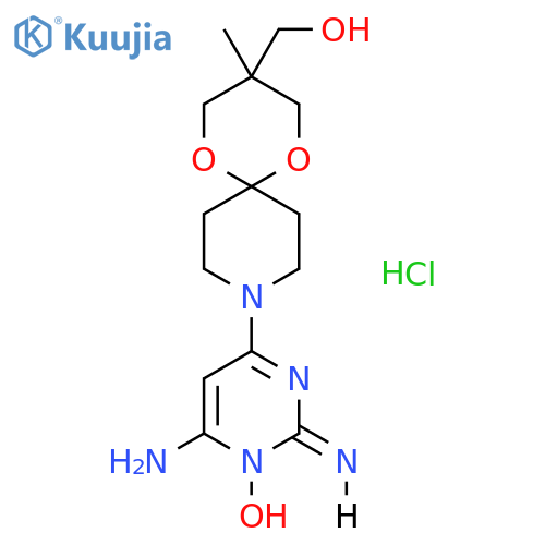 (2E)-6-amino-4-[3-(hydroxymethyl)-3-methyl-1,5-dioxa-9-azaspiro[5.5]undec-9-yl]-2-iminopyrimidin-1(2H)-ol hydrochloride structure
