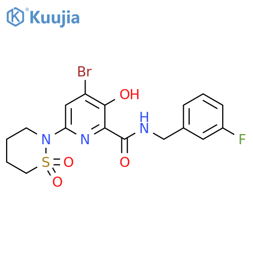 2-Pyridinecarboxamide,4-bromo-N-[(3-fluorophenyl)methyl]-3-hydroxy-6-(tetrahydro-1,1-dioxido-2H-1,2-thiazin-2-yl)- structure