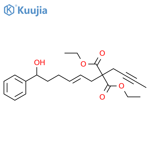 Propanedioic acid, 2-(2-butyn-1-yl)-2-[(2E)-6-hydroxy-6-phenyl-2-hexen-1-yl]-, 1,3-diethyl ester structure