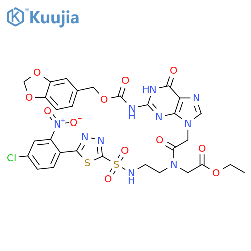 Glycine, N-[[2-[[(1,3-benzodioxol-5-ylmethoxy)carbonyl]amino]-1,6-dihydro-6-oxo-9H-purin-9-yl]acetyl]-N-[2-[[[5-(4-chloro-2-nitrophenyl)-1,3,4-thiadiazol-2-yl]sulfonyl]amino]ethyl]-, ethyl ester (9CI) structure