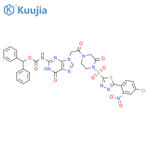 Carbamic acid, [9-[2-[4-[[5-(4-chloro-2-nitrophenyl)-1,3,4-thiadiazol-2-yl]sulfonyl]-3-oxo-1-piperazinyl]-2-oxoethyl]-6,9-dihydro-6-oxo-1H-purin-2-yl]-, diphenylmethyl ester (9CI) structure