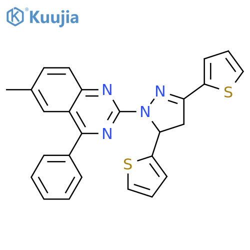 2-3,5-bis(thiophen-2-yl)-4,5-dihydro-1H-pyrazol-1-yl-6-methyl-4-phenylquinazoline structure