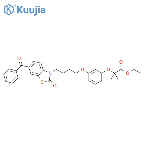 Propanoic acid,2-[3-[4-(6-benzoyl-2-oxo-3(2H)-benzothiazolyl)butoxy]phenoxy]-2-methyl-, ethyl ester structure