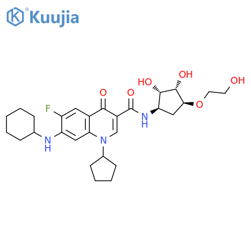3-Quinolinecarboxamide,7-(cyclohexylamino)-1-cyclopentyl-N-[(1R,2S,3S,4S)-2,3-dihydroxy-4-(2-hydroxyethoxy)cyclopentyl]-6-fluoro-1,4-dihydro-4-oxo-, rel- structure