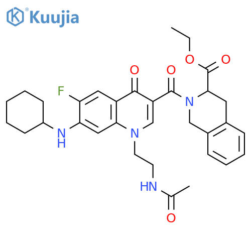 3-Isoquinolinecarboxylic acid,2-[[1-[2-(acetylamino)ethyl]-7-(cyclohexylamino)-6-fluoro-1,4-dihydro-4-oxo-3-quinolinyl]carbonyl]-1,2,3,4-tetrahydro-, ethyl ester structure