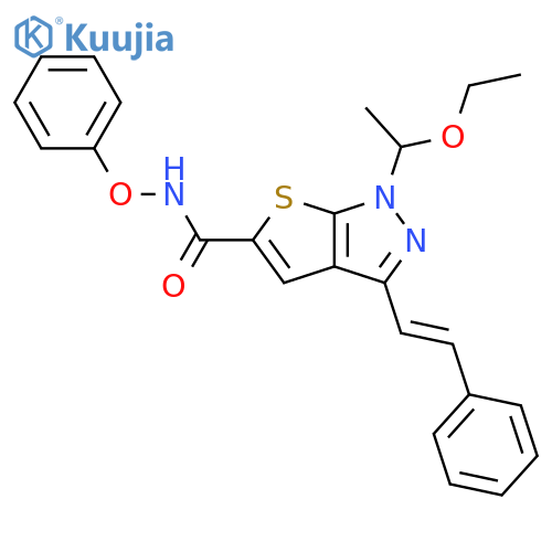1H-Thieno[2,3-c]pyrazole-5-carboxamide,1-(1-ethoxyethyl)-N-phenoxy-3-[(1E)-2-phenylethenyl]- structure