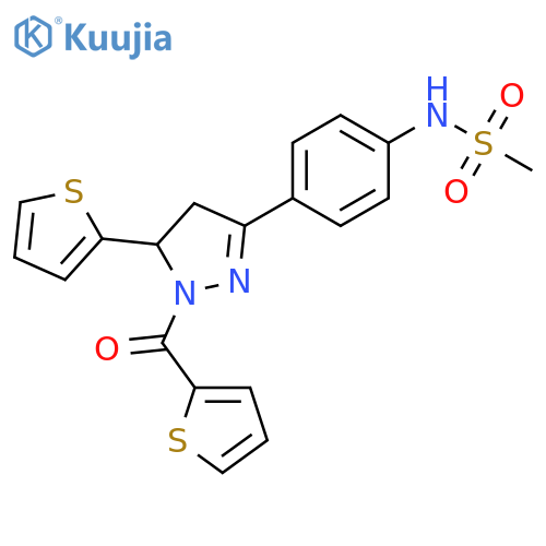 N-{4-5-(thiophen-2-yl)-1-(thiophene-2-carbonyl)-4,5-dihydro-1H-pyrazol-3-ylphenyl}methanesulfonamide structure