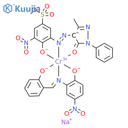 disodium [3-[(4,5-dihydro-3-methyl-5-oxo-1-phenyl-1H-pyrazol-4-yl)azo]-4-hydroxy-5-nitrobenzenesulphonato(3-)][2-[(2-hydroxybenzylidene)amino]-4-nitrophenolato(2-)-N2,O1,O2]chromate(2-) structure