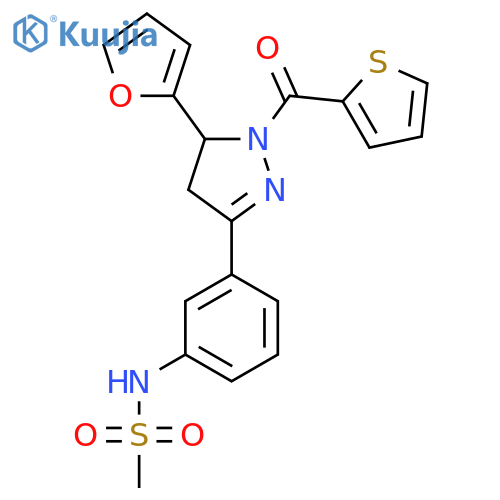 N-{3-[5-(furan-2-yl)-1-(thiophene-2-carbonyl)-4,5-dihydro-1H-pyrazol-3-yl]phenyl}methanesulfonamide structure