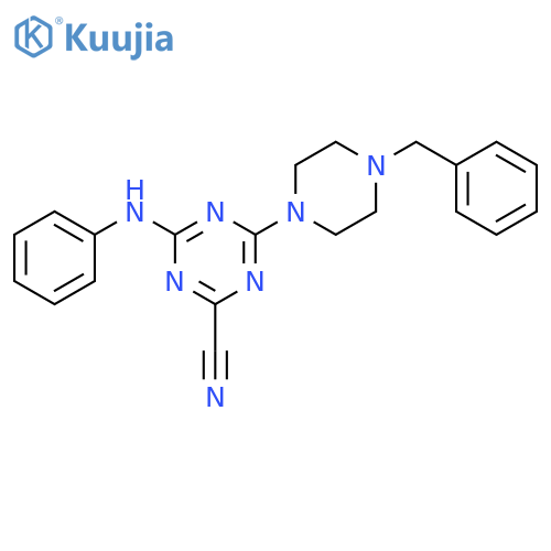 1,3,5-Triazine-2-carbonitrile,4-(phenylamino)-6-[4-(phenylmethyl)-1-piperazinyl]- structure