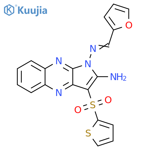 (1E)-N1-(furan-2-yl)methylidene-3-(thiophene-2-sulfonyl)-1H-pyrrolo2,3-bquinoxaline-1,2-diamine structure