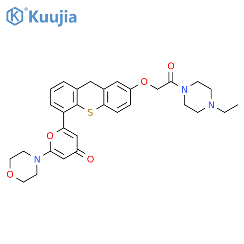 Piperazine,1-ethyl-4-[[[5-[6-(4-morpholinyl)-4-oxo-4H-pyran-2-yl]-9H-thioxanthen-2-yl]oxy]acetyl]- structure
