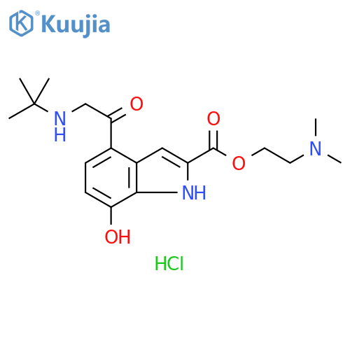 1H-Indole-2-carboxylic acid, 4-[2-[(1,1-dimethylethyl)amino]acetyl]-7-hydroxy-, 2-(dimethylamino)ethyl ester, hydrochloride (1:1) structure
