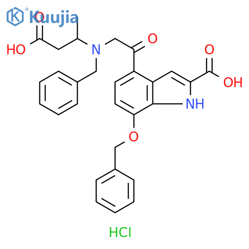 1H-Indole-2-carboxylic acid,4-[[(2-carboxy-1-methylethyl)(phenylmethyl)amino]acetyl]-7-(phenylmethoxy)-, monohydrochloride structure