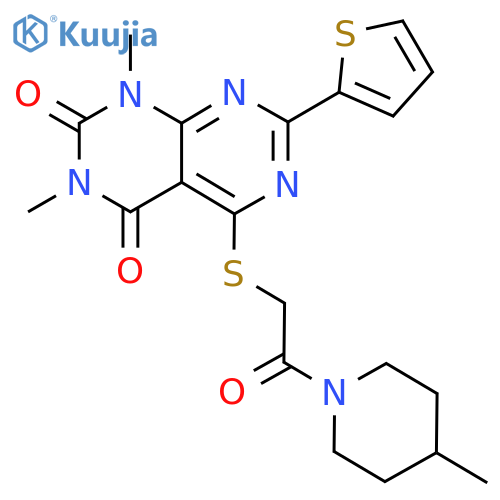 1,3-dimethyl-5-{2-(4-methylpiperidin-1-yl)-2-oxoethylsulfanyl}-7-(thiophen-2-yl)-1H,2H,3H,4H-1,3diazino4,5-dpyrimidine-2,4-dione structure