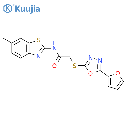 2-{5-(furan-2-yl)-1,3,4-oxadiazol-2-ylsulfanyl}-N-(6-methyl-1,3-benzothiazol-2-yl)acetamide structure