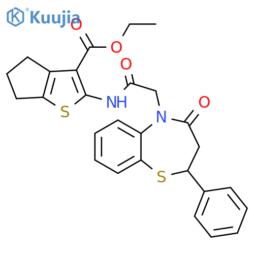 ethyl 2-2-(4-oxo-2-phenyl-2,3,4,5-tetrahydro-1,5-benzothiazepin-5-yl)acetamido-4H,5H,6H-cyclopentabthiophene-3-carboxylate structure
