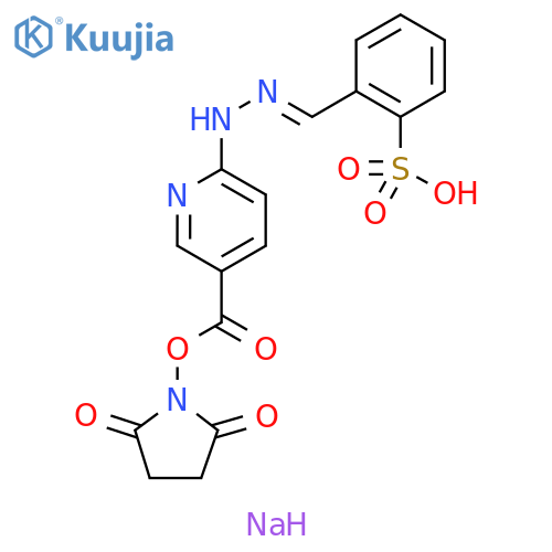3-Pyridinecarboxylic acid, 6-[(2E)-2-[(2-sulfophenyl)methylene]hydrazinyl]-, 3-(2,5-dioxo-1-pyrrolidinyl) ester, sodium salt (1:1) structure