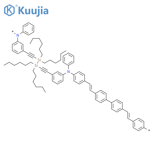 Poly[(phenylimino)-1,3-phenylene-1,2-ethynediyl(1,1,2,2-tetrahexyl-1,2-disilanediyl)-1,2-ethynediyl-1,3-phenylene(phenylimino)-1,4-phenylene-1,2-ethenediyl[1,1'-biphenyl]-4,4'-diyl-1,2-ethenediyl-1,4-phenylene] structure