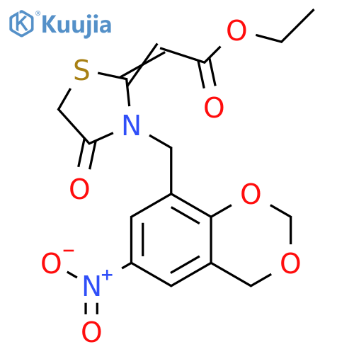 ethyl 2-{3-(6-nitro-2,4-dihydro-1,3-benzodioxin-8-yl)methyl-4-oxo-1,3-thiazolidin-2-ylidene}acetate structure