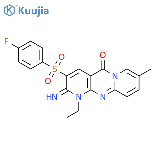 7-ethyl-5-(4-fluorobenzenesulfonyl)-6-imino-13-methyl-1,7,9-triazatricyclo[8.4.0.0^{3,8}]tetradeca-3(8),4,9,11,13-pentaen-2-one structure