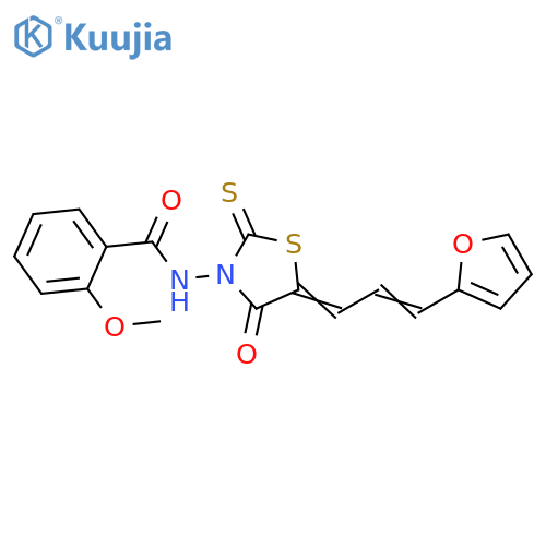 N-(5E)-5-(2E)-3-(furan-2-yl)prop-2-en-1-ylidene-4-oxo-2-sulfanylidene-1,3-thiazolidin-3-yl-2-methoxybenzamide structure