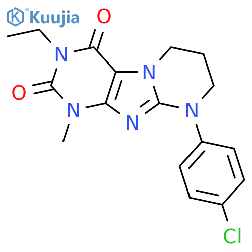 9-(4-chlorophenyl)-3-ethyl-1-methyl-1H,2H,3H,4H,6H,7H,8H,9H-pyrimido1,2-gpurine-2,4-dione structure
