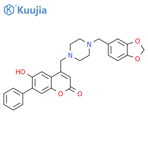 4-({4-(2H-1,3-benzodioxol-5-yl)methylpiperazin-1-yl}methyl)-6-hydroxy-7-phenyl-2H-chromen-2-one structure