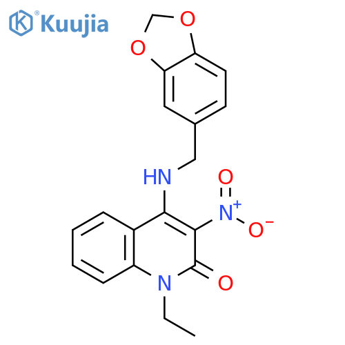 4-{(2H-1,3-benzodioxol-5-yl)methylamino}-1-ethyl-3-nitro-1,2-dihydroquinolin-2-one structure