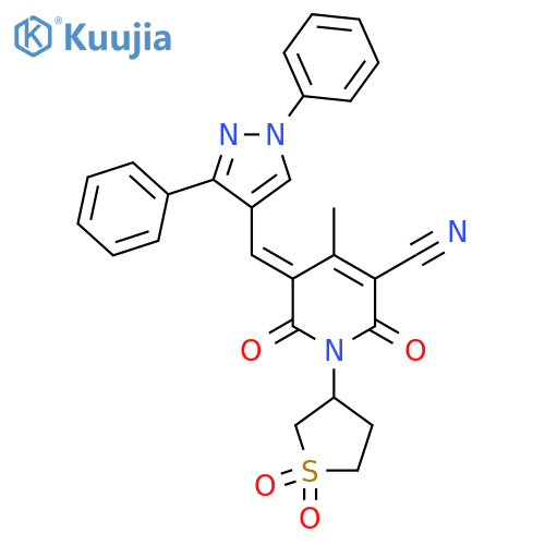 1-(1,1-dioxo-1lambda6-thiolan-3-yl)-5-[(1,3-diphenyl-1H-pyrazol-4-yl)methylidene]-4-methyl-2,6-dioxo-1,2,5,6-tetrahydropyridine-3-carbonitrile structure