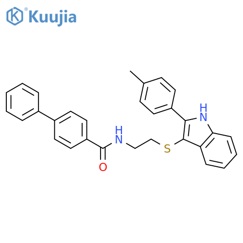 N-(2-{2-(4-methylphenyl)-1H-indol-3-ylsulfanyl}ethyl)-1,1'-biphenyl-4-carboxamide structure