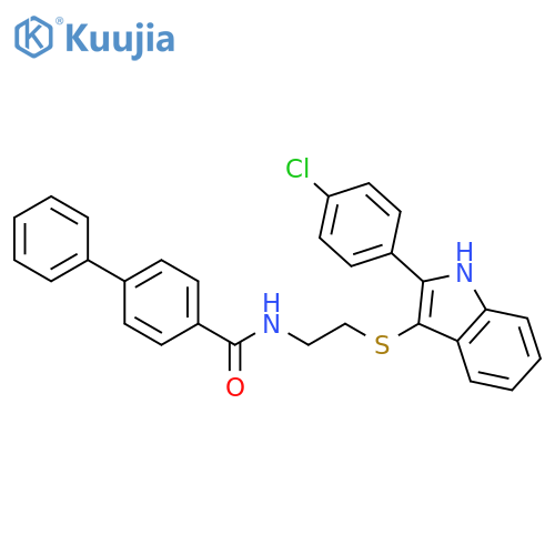 N-(2-{2-(4-chlorophenyl)-1H-indol-3-ylsulfanyl}ethyl)-1,1'-biphenyl-4-carboxamide structure