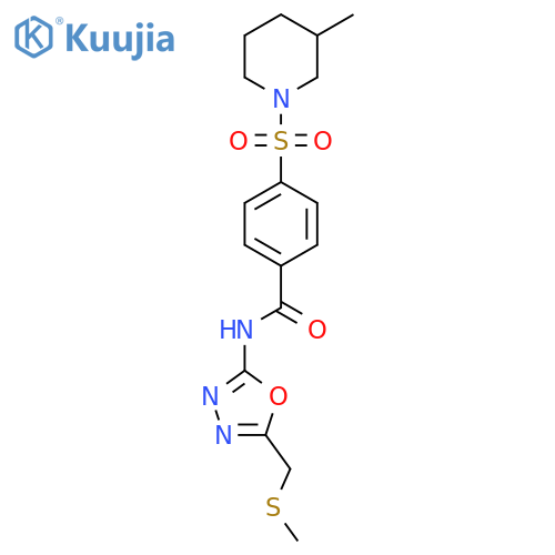 4-(3-methylpiperidin-1-yl)sulfonyl-N-{5-(methylsulfanyl)methyl-1,3,4-oxadiazol-2-yl}benzamide structure