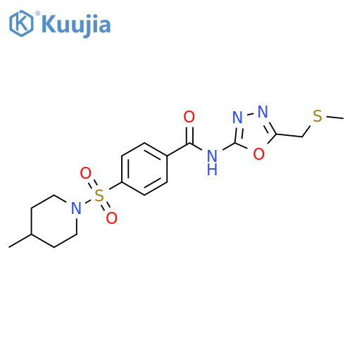 4-[(4-methylpiperidin-1-yl)sulfonyl]-N-{5-[(methylsulfanyl)methyl]-1,3,4-oxadiazol-2-yl}benzamide structure